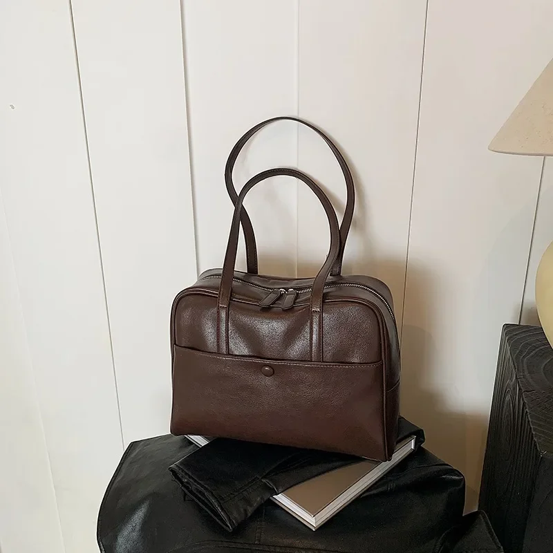 여성용 대용량 스퀘어 패션 PU 숄더백, 솔리드 더블 지퍼, 심플 핸드백 2024, 핫 세일