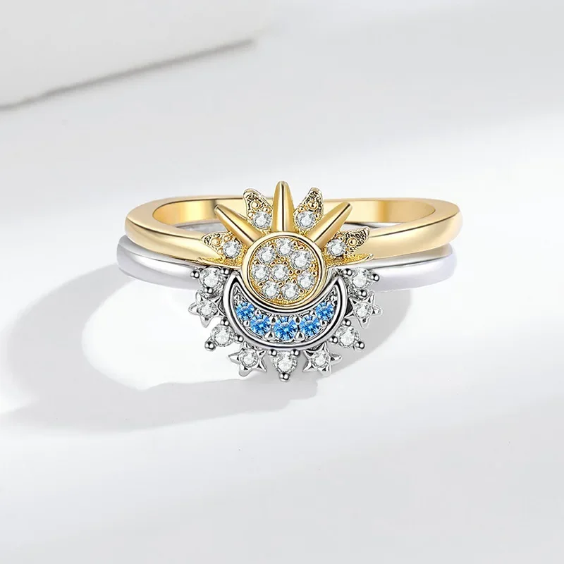 Couple Ring Summer Celestial Blue Sparkling Moon Sun Ring For Women Cocktail Stackable Finger Band Fashion Fine Jewellry Crystal