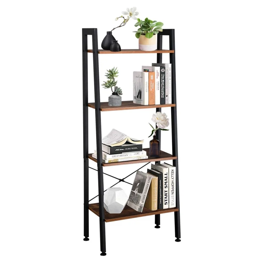 

Ladder Shelf 4Tier Bookshelf Storage Rack Shelves Bathroom Living Room Industrial Accent Furniture Steel Frame Rustic Brown and