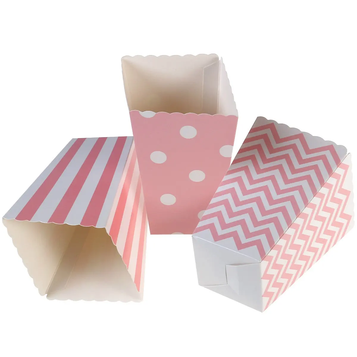 48Pcs Popcorn Carton Party Bag Candy Buffet Bags Rugby Stripe Wave Pink Cardboard Theater Style for Birthday