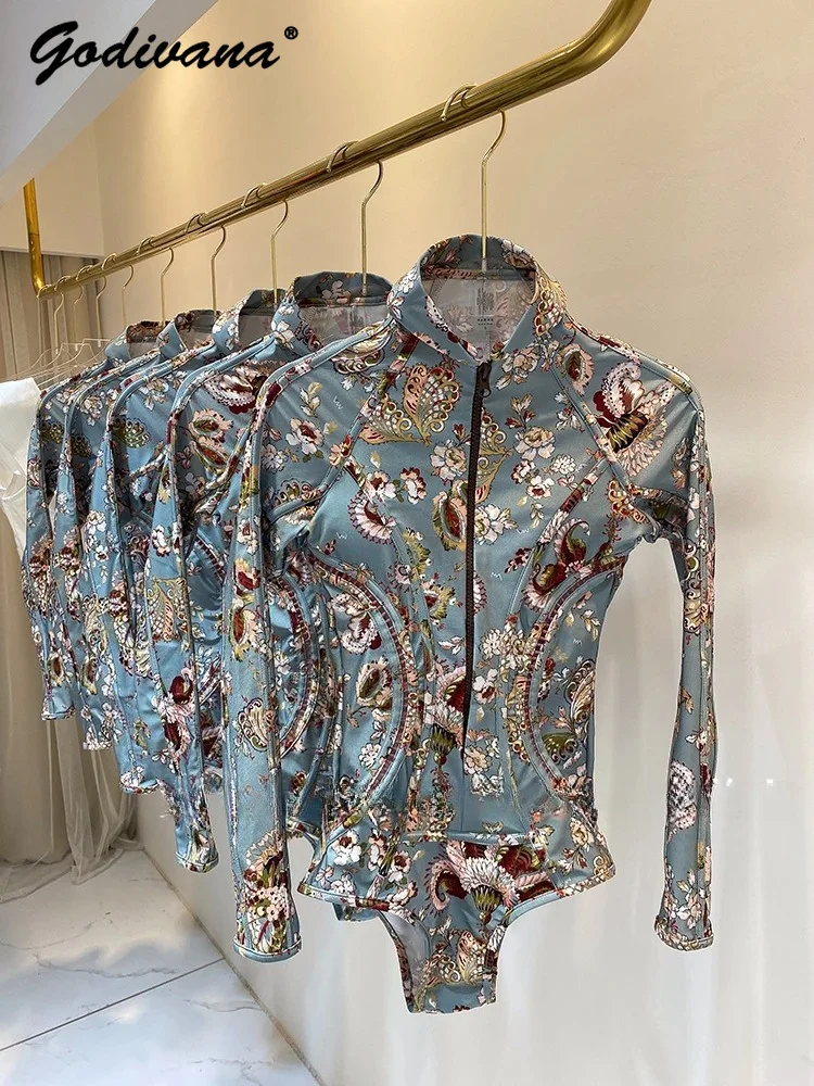 Women Heavy Print Long Sleeve One‑Piece Swimsuit Elegant Skin‑Flattering High‑End Temperament Bathing Suit Swimwear