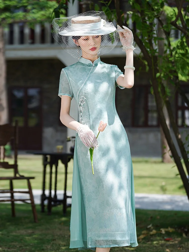 

Slimming een Embroidered Large Size Mom Qipao Dr Cover Belly Chinese Sle Revamped Midi Dr Women's Faion 2024 Summer
