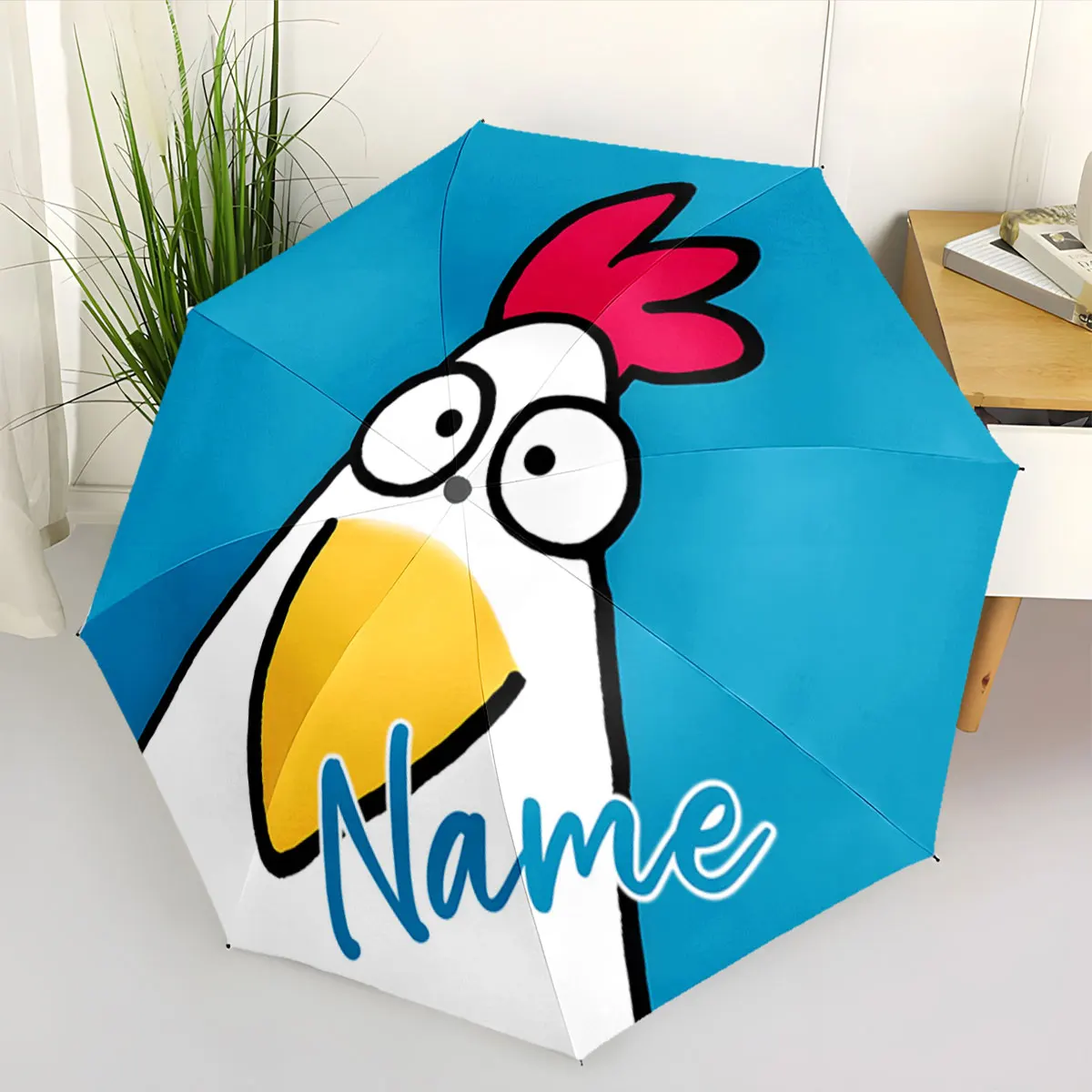 Custom Name Cartoon Chicken Design Stylish Blue Umbrella Print 8 Iron Ribs Folding Umbrella Auto-Open Fashion Sunshade