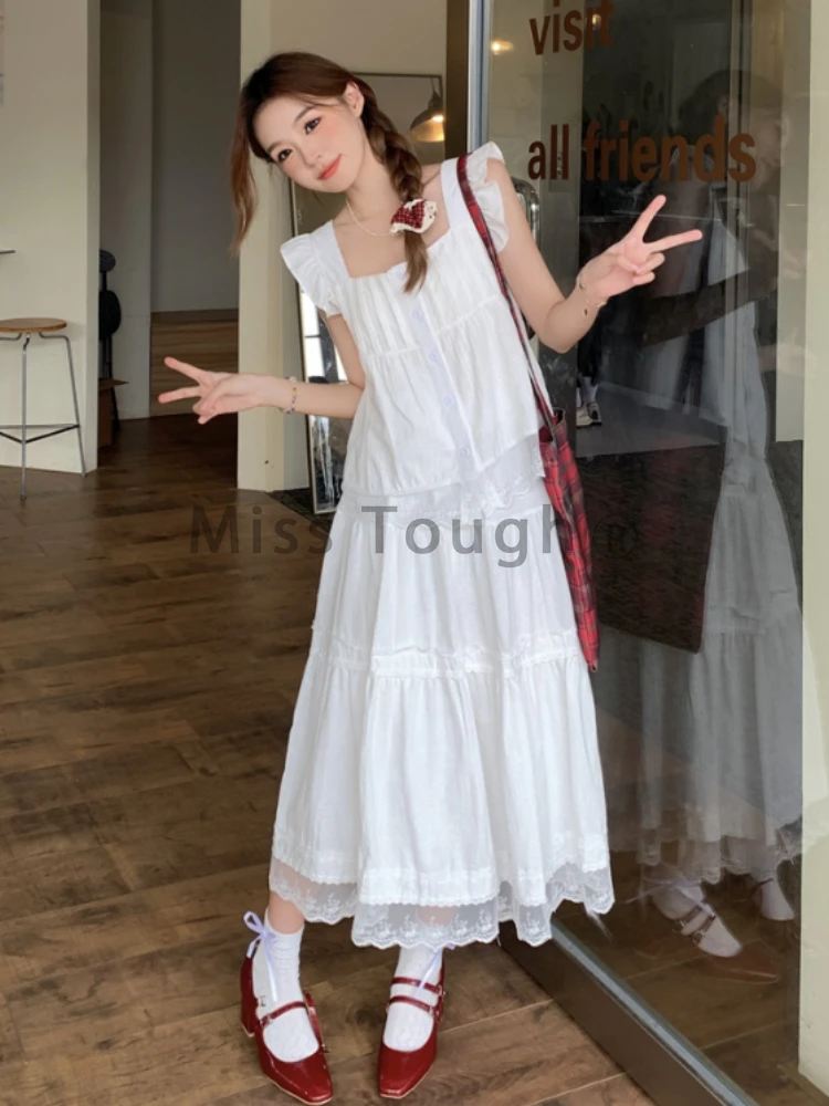 Summer Sweet Loose Lace Sling 2 Piece Set Women Elegant Natural Sleeveless Solid Dress Female Design High Waist A Line Dresses