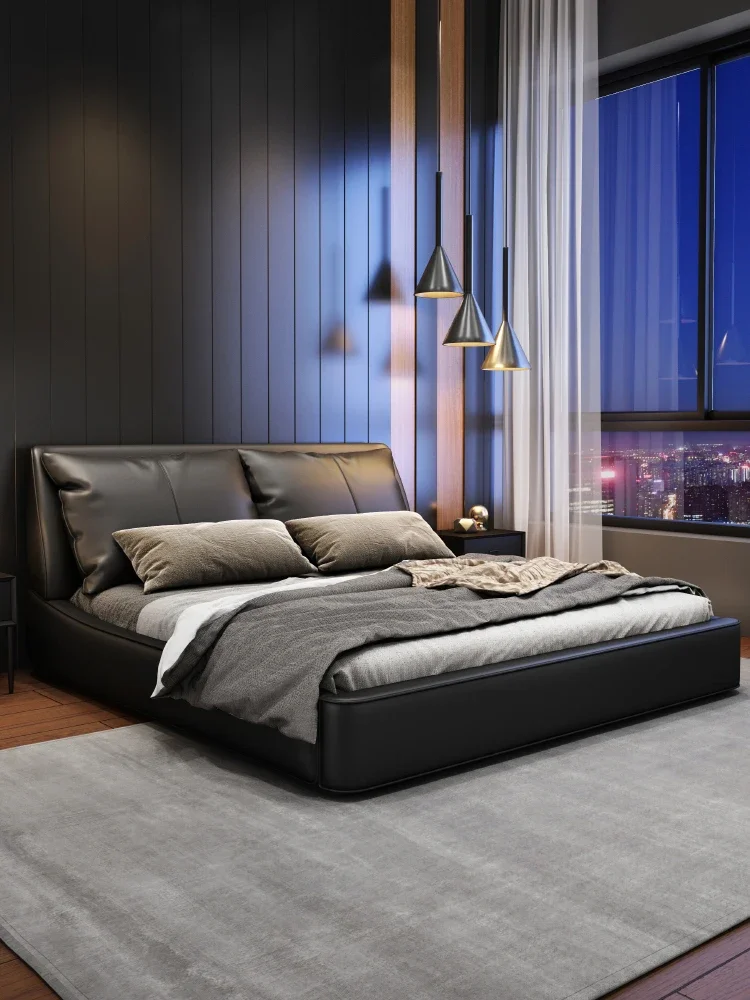 

Light luxury modern simple Italian extremely simple leather bed master bedroom high-end queen bed solid wood bed