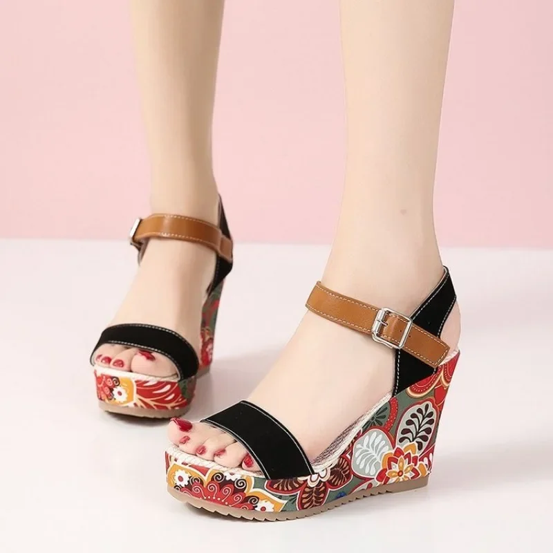 Shoes for Women Summer Wedge Sandals Retro Ethnic Printing Platform Shoes Ladies Casual Ankle Comfortable Sandalias De Mujer