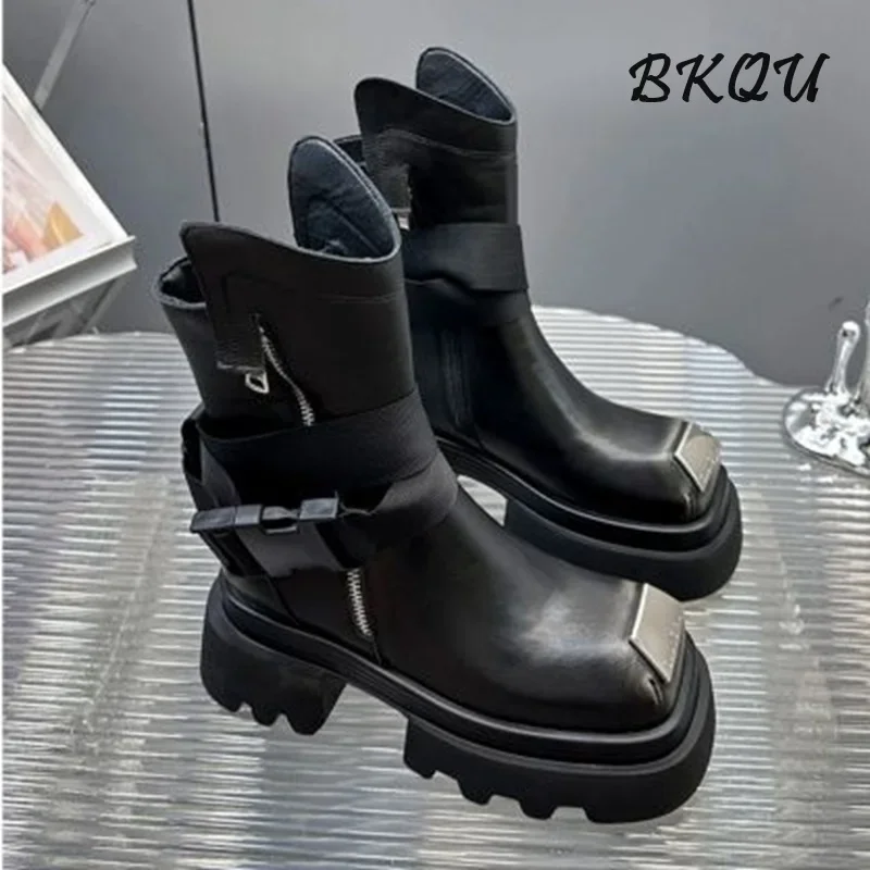 BKQU Europe 2024 Autumn and Winter New Square Head Thick Heel Senior Sense All Matching Women's Footwear Retro Ankle Boots