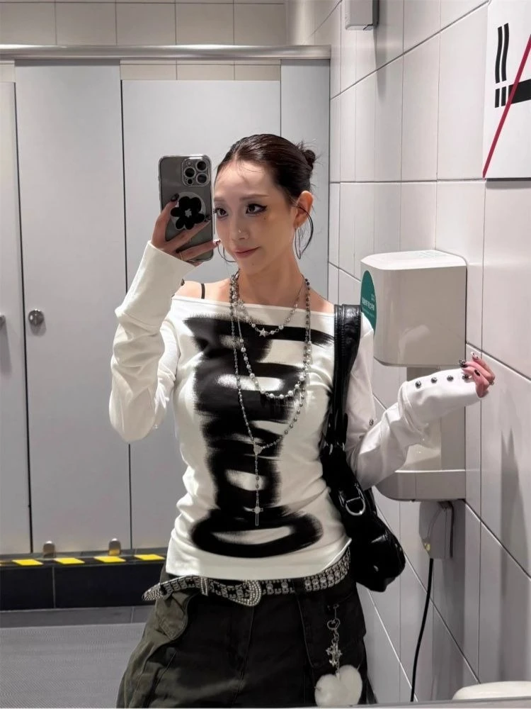 

HOUZHOU винтажная футболка с открытыми плечами, сексуальные топы в стиле Харадзюку в готическом стиле с буквенным принтом Y2k 2000-х годов, футболки с длинными рукавами в стиле гранж-стрит