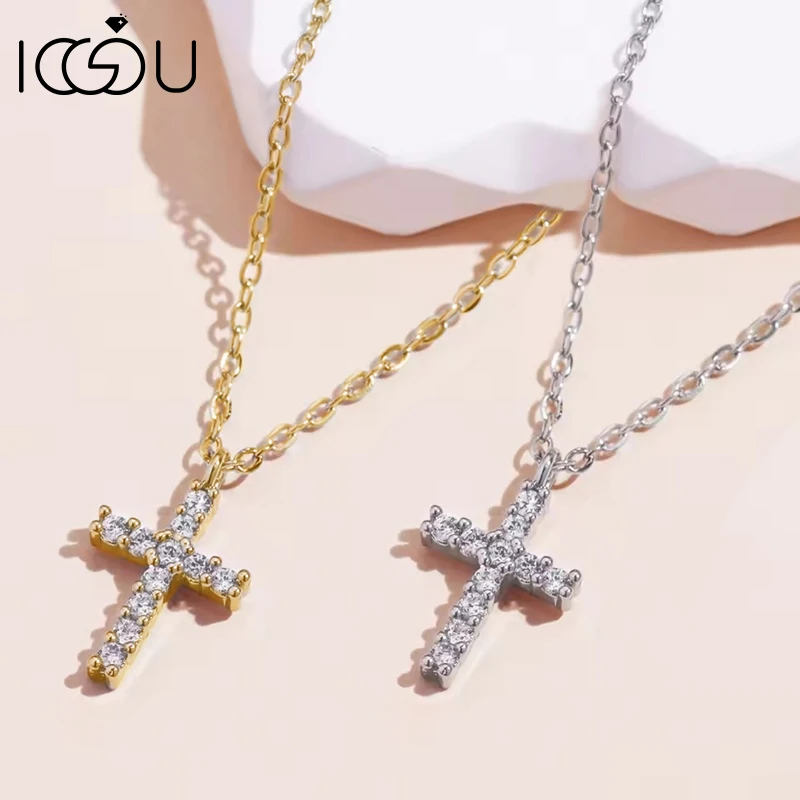 IOGOU Full 3.5mm D-Color Moissanite Cross Pendant Necklace for Women VVS1 Lab Imitation Diamond Necklace Birthday Jewelry Gifts