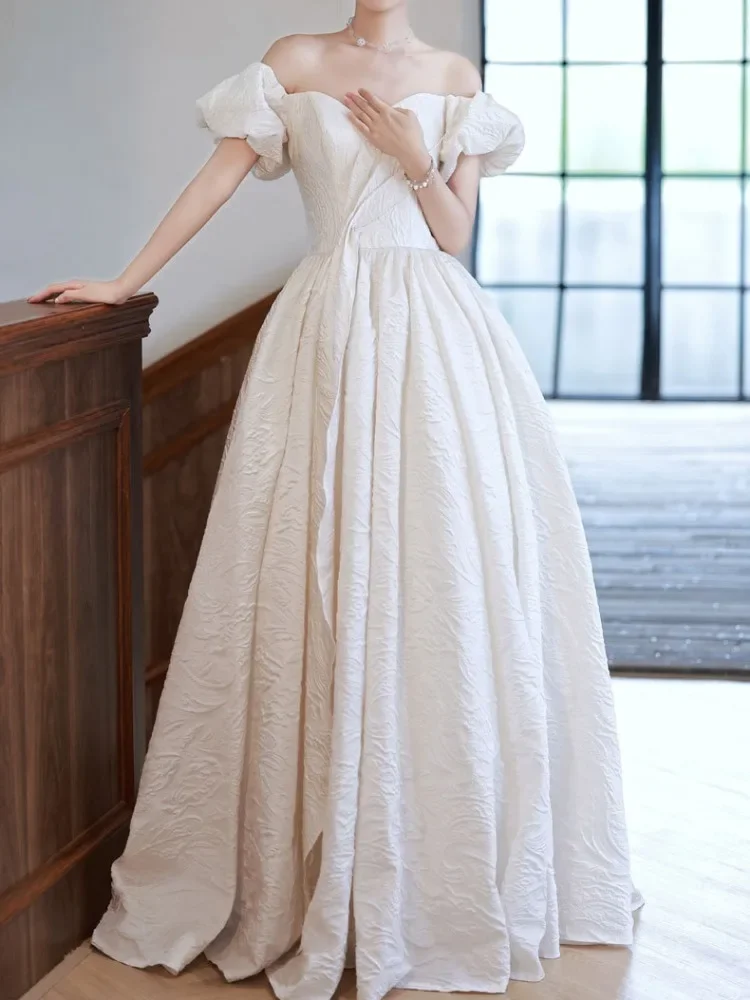 Customized French Simple Princess Evening Dresses Slim Waist Boat Collar Puff Sleeve Wedding Dress 2024 Lace Up Belt Stain Prom