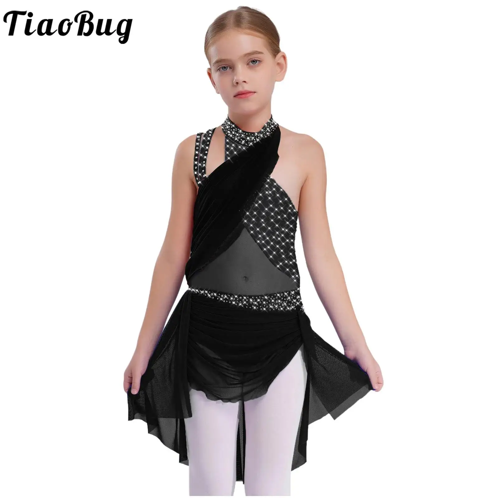

Kids Girls Ballet Dance Figure Skating Gymnastics Costume Shiny Rhinestones Sleeveless Sheer Mesh Leotards Performance Dancewear