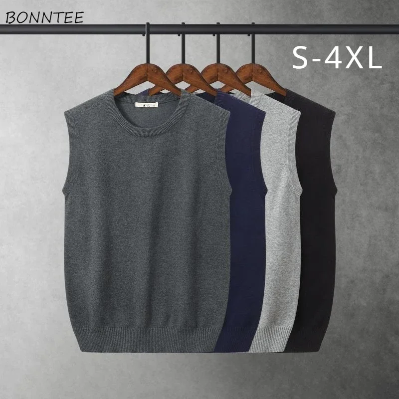 

Preppy Sweater Vests Men Solid Thicken Sleeveless Knitwear Keep Warm Newly Fashion All-match Tops Basic Hombre BF Street Wear