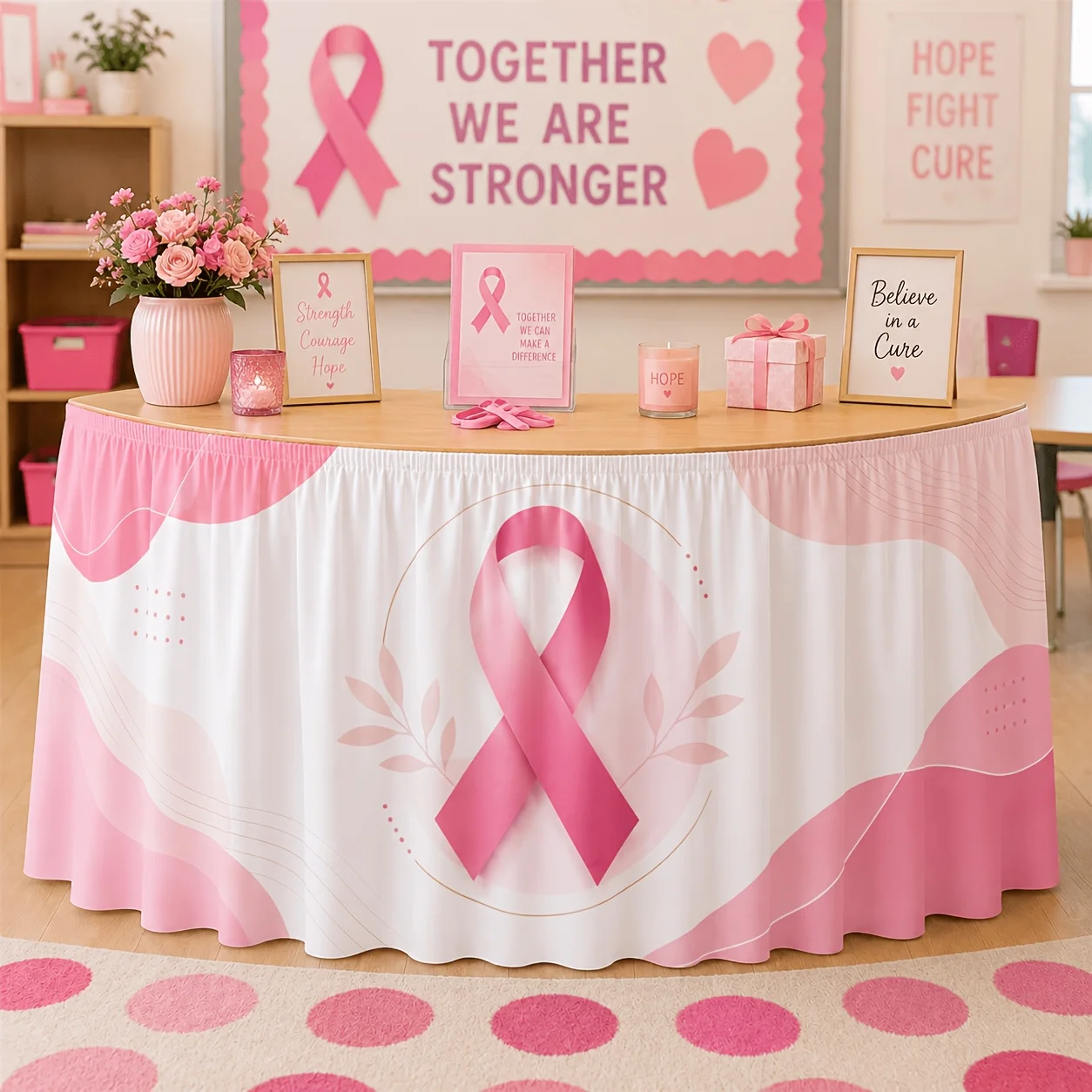 One table flag table skirt - Breast Cancer Awareness Theme Table Skirt - Simple Style Pink Ribbon Leaves.zyc