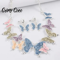 Cring Coco Butterfly Necklace Set Fashion European Necklaces Drop Earrings Wedding Bridal Pink Enamel Jewelry Sets for Women