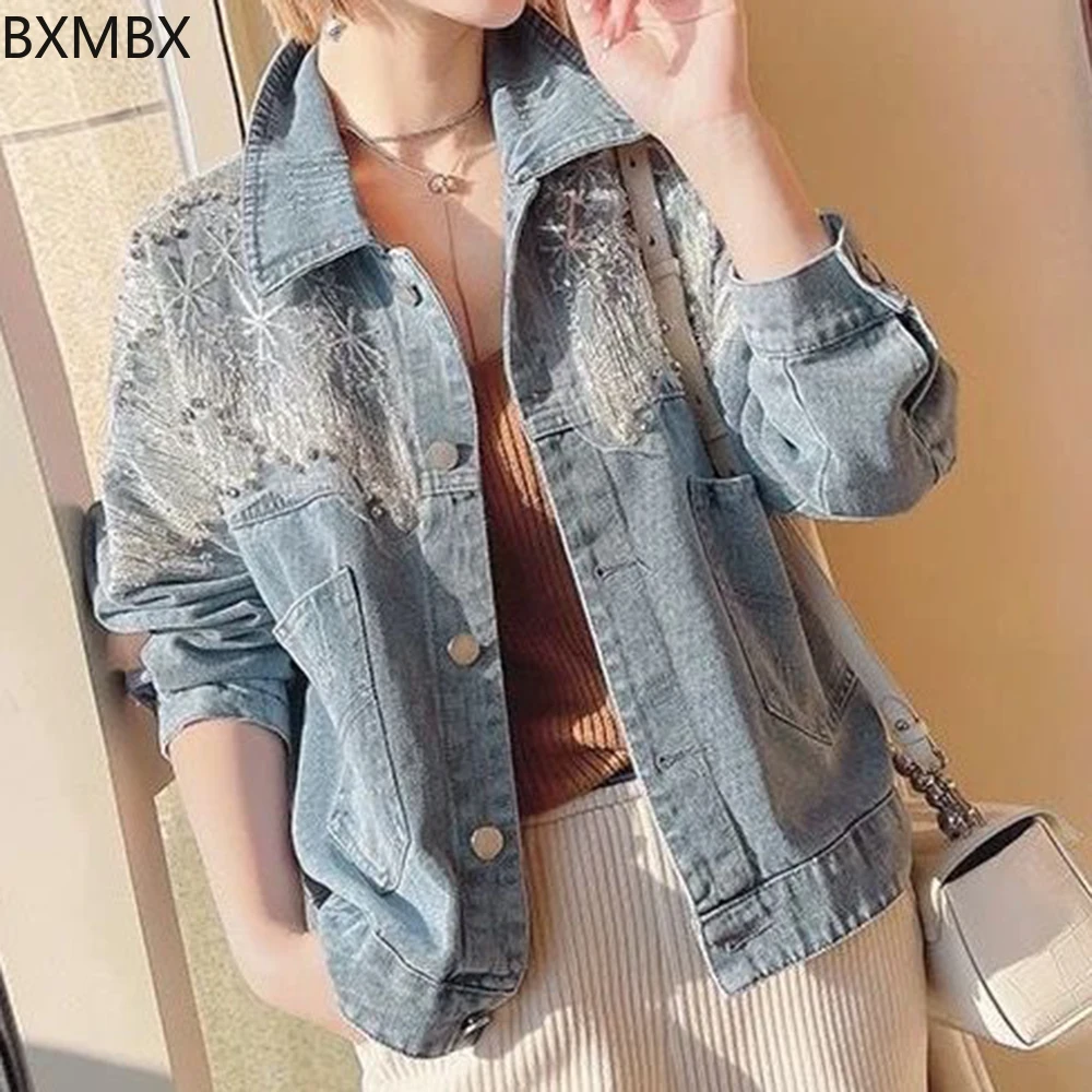 sequined diamond-encrusted denim jacket, the latest loose and thin Korean  long-sleeved short tops are trendy.