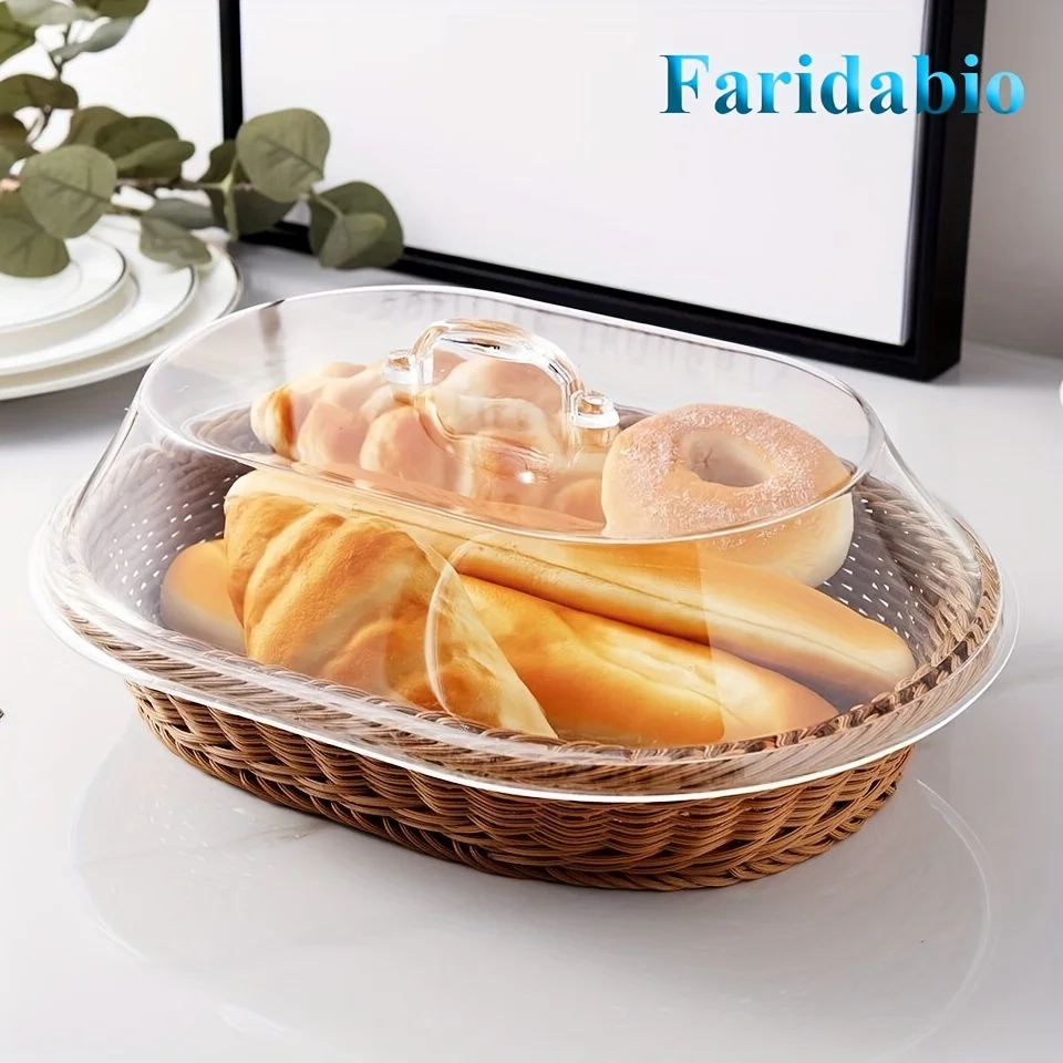 Rattan-Brotkorb mit transparentem, staubdichtem Weidenkorb, geflochtener Servierkorb für Brot, Obst, Snacks, Küche, Party, Picknick