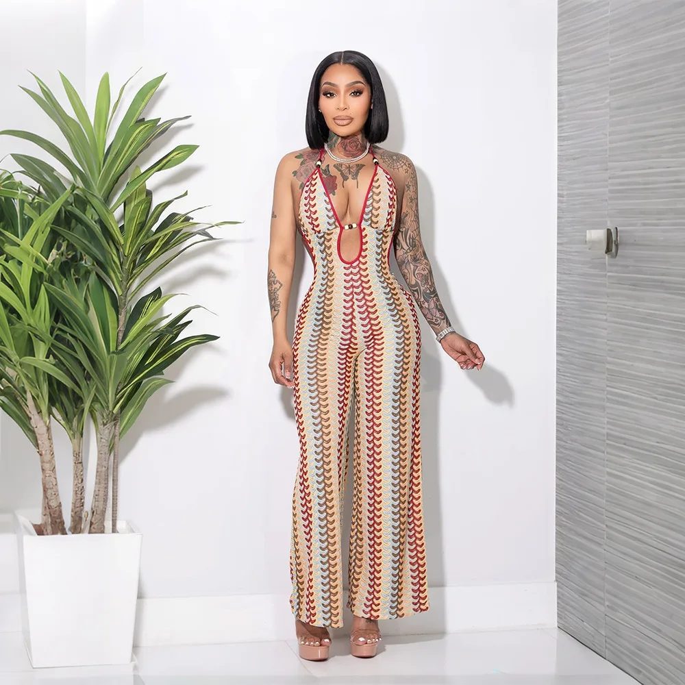 Cy902495 Women's Color-block Striped, Erotogenic Backless, Tie-front, Halter-neck Jumpsuit With Lining Luxury Clothes Lace