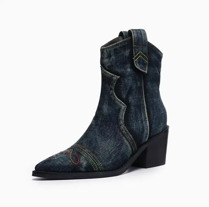 Women Multicolor Thread Embroidery Denim Boots 60mm Chunky Heel Jeans Ankle Boots Pointed Toe Slip On Short Booties