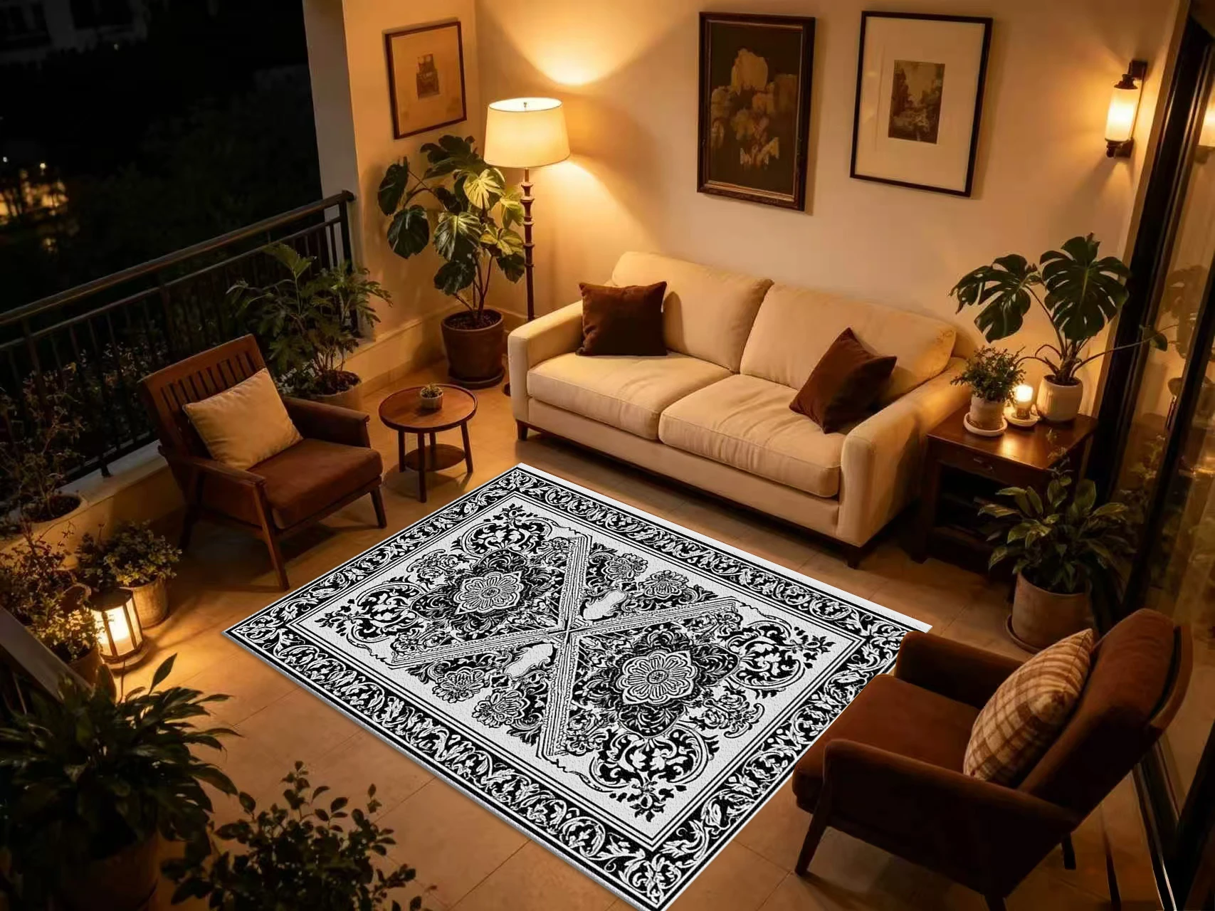 Black White Baroque Carpet Flooring Ornate Symmetrical Floor Rug for Villa Home Interior Decor