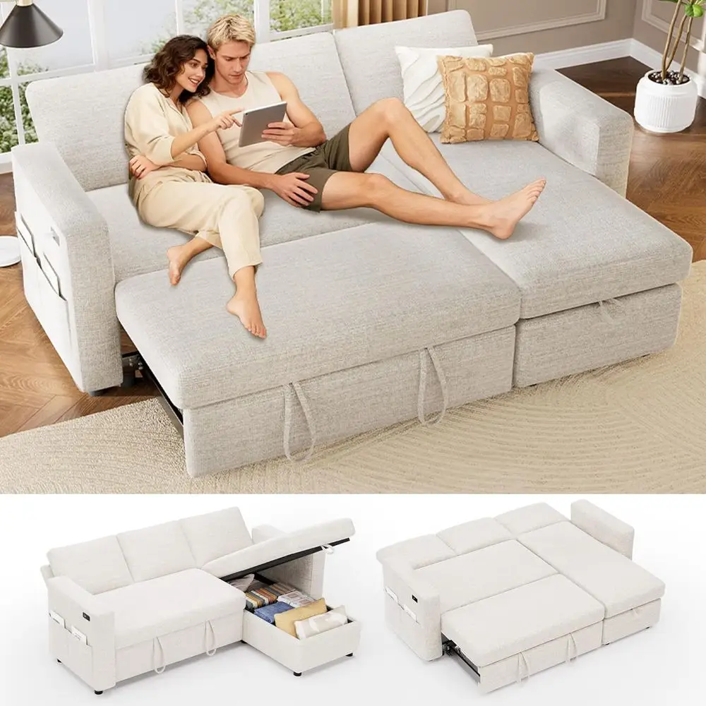 

81 L-Shape Sleeper Sofa with Pull-Out Bed, Reclining Couch, Reversible Storage Chaise, USB Ports, Easy Assembly, Chenille Beige