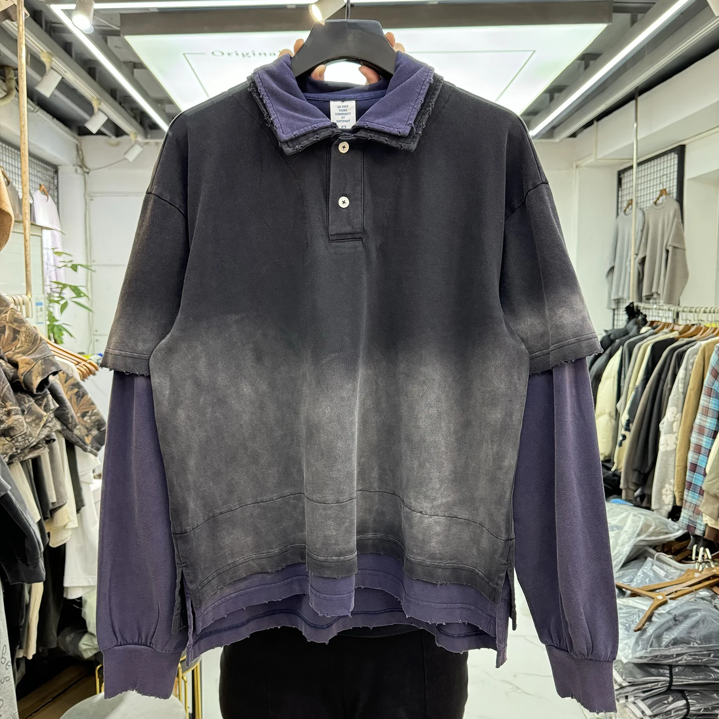 

Американский ретро-стиль: винтажная имитация двухслойной рубашки с длинным рукавом, свободный повседневный топ с воротником для мужчин и женщин