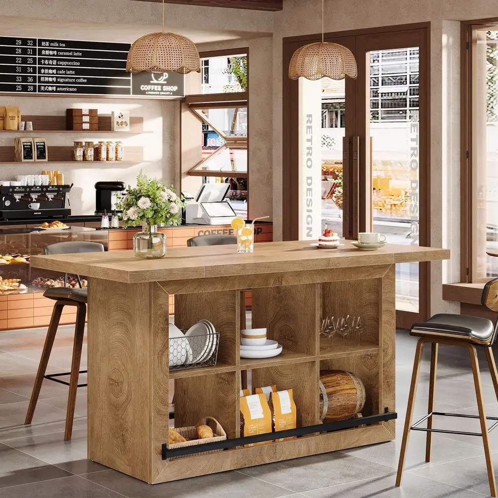 

Барный стол с местом для хранения, прямоугольный барный шкаф для дома 62,6 дюйма с 6 вместительными отсеками и металлическими подставками для ног, высокая столешница