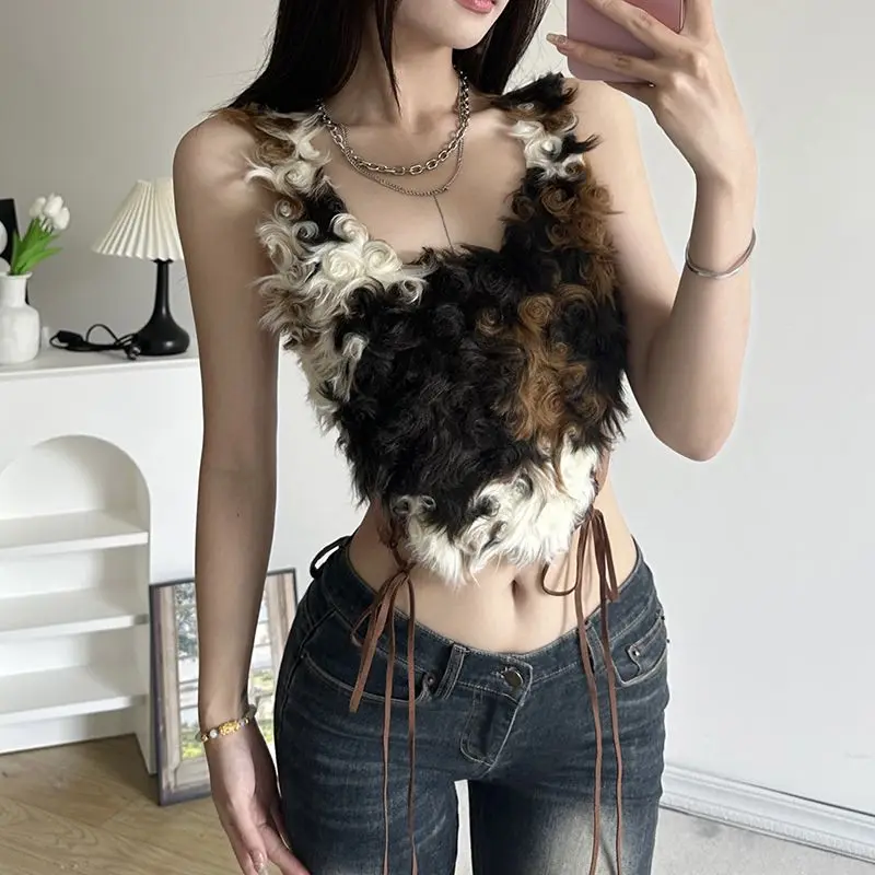 Hikigawa schicke Mode amerikanische Streetwear Vintage flauschige Patchwork Kontrast farbe Leibchen sexy schlanke Bandage y2k Tanktops Mujer