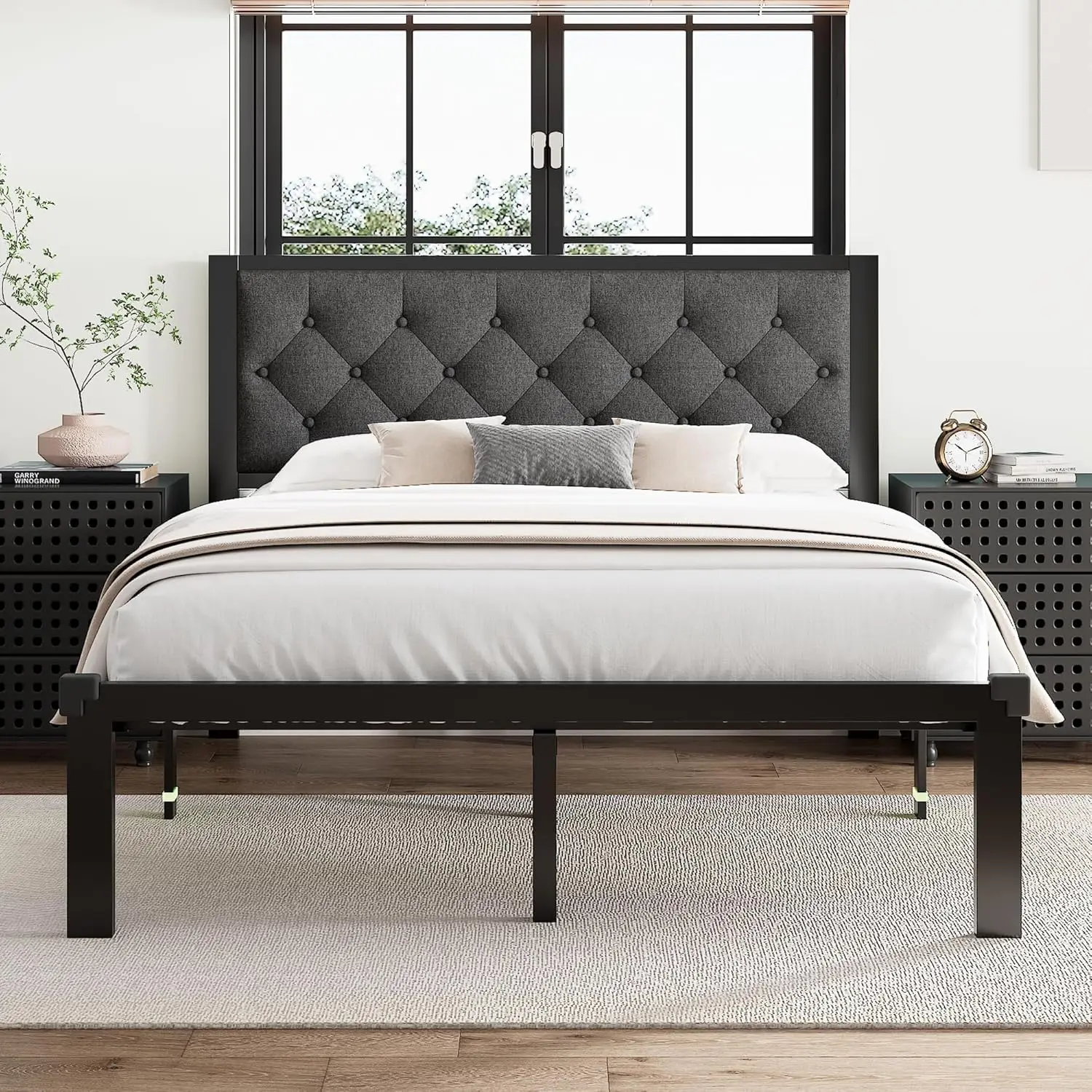 Metal Platform Bed Frame with Button Tufted Linen Upholstered Headboard, Sturdy Steel Slats, No Box Spring Needed