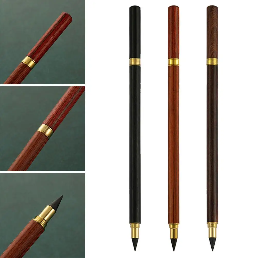 Retro Brass Wooden Eternal Pencil Unlimited HB Writing Business Replaceable Tip Everlasting Supplies Pencil Stationery Offi S4J7