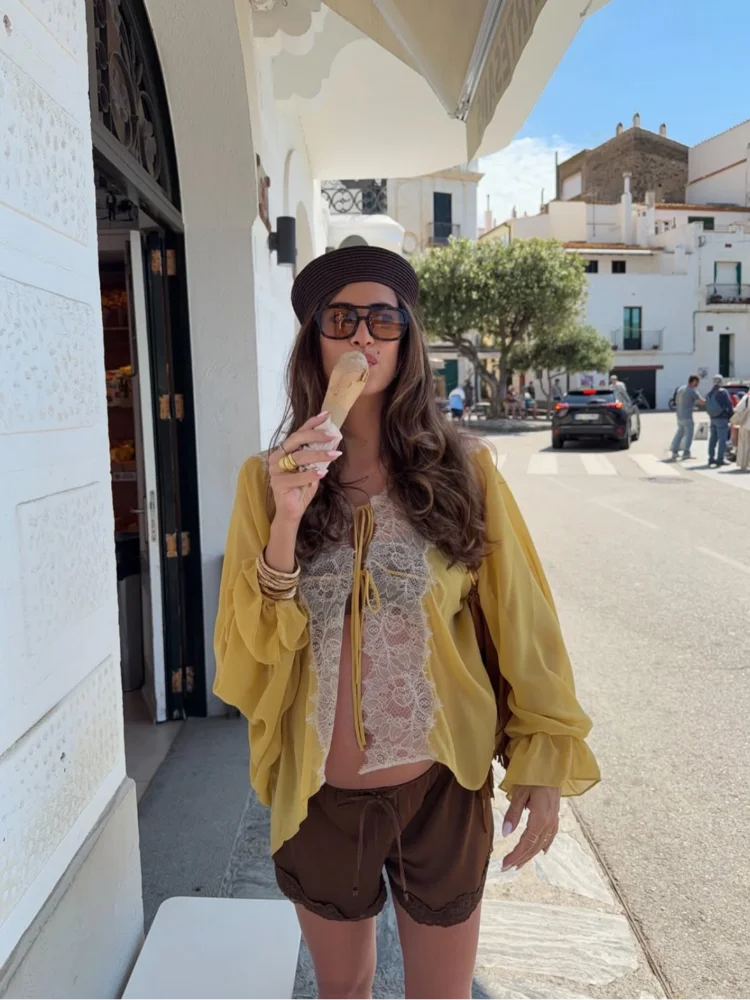 

Women Mustard Yellow Chiffon Blouse Eyelash Lace Deep V Neck Front Tie Puff Sleeve Loose Fit Beach Cover Up Casual Top