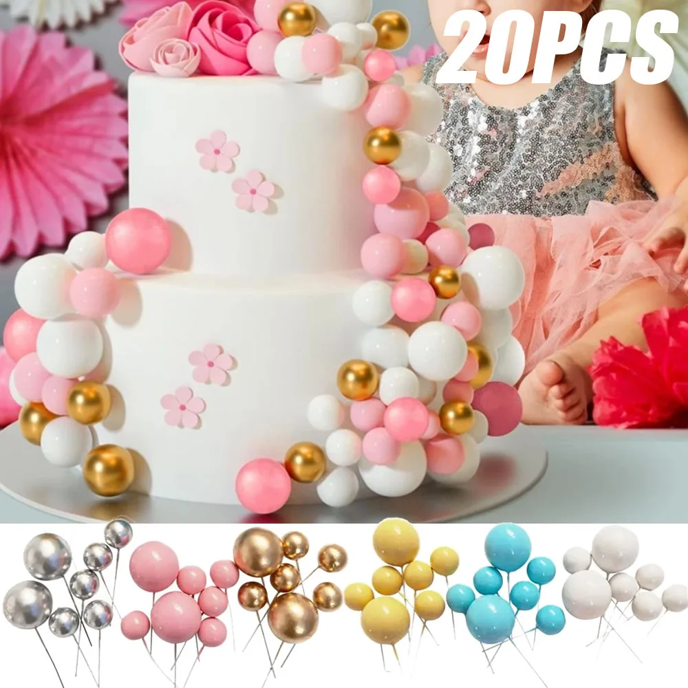 

20PCS Cake Topper Gold Silver Ball Happy Birthday Cake Topper Decoration DIY Cupcake Flag Ornament Wedding Christmas Ball Decor