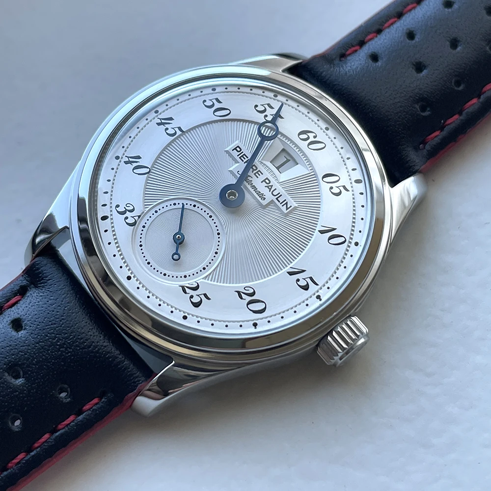 34mm novo pierre paulin salto hora relógio masculino mostrador branco automático st17 relógio mecânico vintage data janela relógios masculino