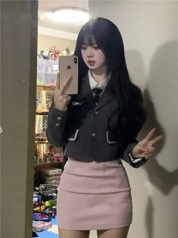 Japan Korea School Uniform Pak Vrouwen Jas Wit Shirt Mode Sexy Heup Rok School Girl College Stijl Driedelig Jk Pak