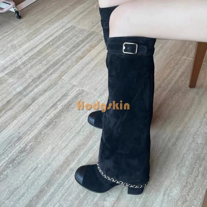 

Metal Chain Knee-high Boots Suede Pointed Toe Belt Buckle Square Heel Trouser Knight Boots Women Elegant Concise Shoes 2024