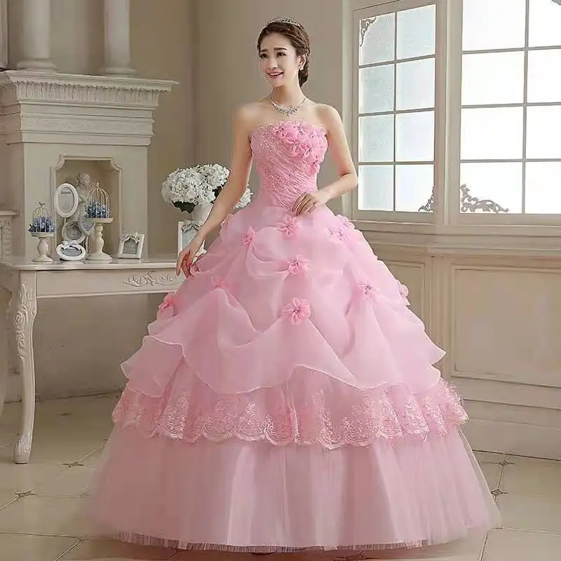 Vestido De quinceañera sin tirantes para mujer, traje sencillo De color rosa dulce, 15 Flores, barato, 2024