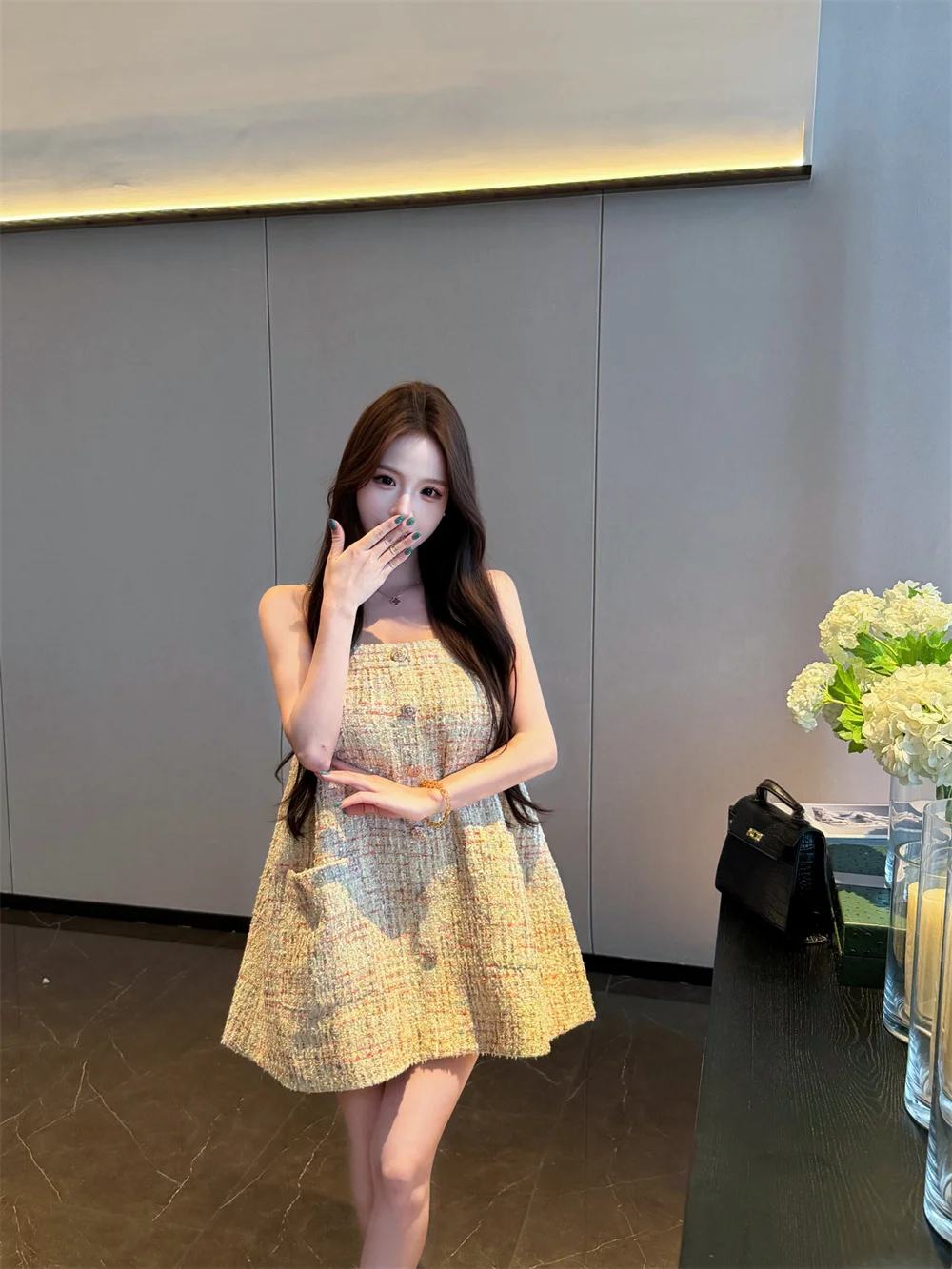 

Kumikumi Elegant Lady Style Shawl Thin Strap Dress Women's Summer Fashion New A-Line Skirt Gown Standard Fit Daily Wear