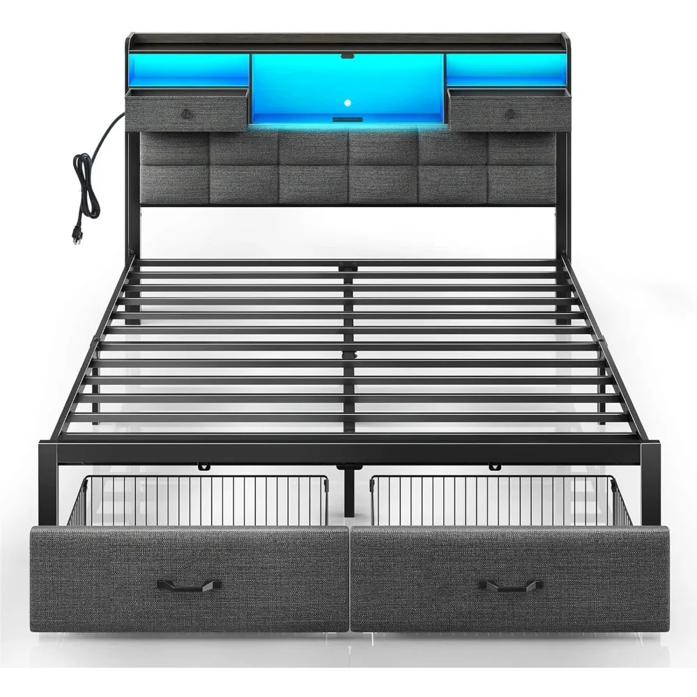 

Upholstered Full Size Bed Frames with Drawers and Charging Station, Headboard, LED Light,Strong Batten Support, Bed Frames