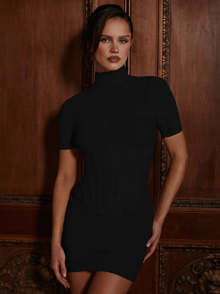 XIAOTANG Elegant Solid Color Half High Collar Dress Women Sexy Short Sleeve Sheer Tight Autumn Winter Party Club Evening Dress