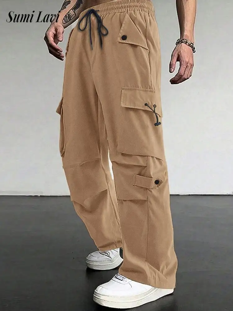 

Повседневные мужские свободные прямые брюки-карго для отдыха, весенне-осенние повседневные однотонные брюки, мужские винтажные брюки-карго с несколькими карманами