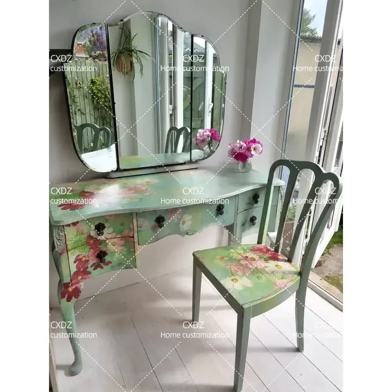 Retro Solid Wood Hand Painted Dressing Table Modern Simple Bedroom Makeup Desk Customizable Home Furniture