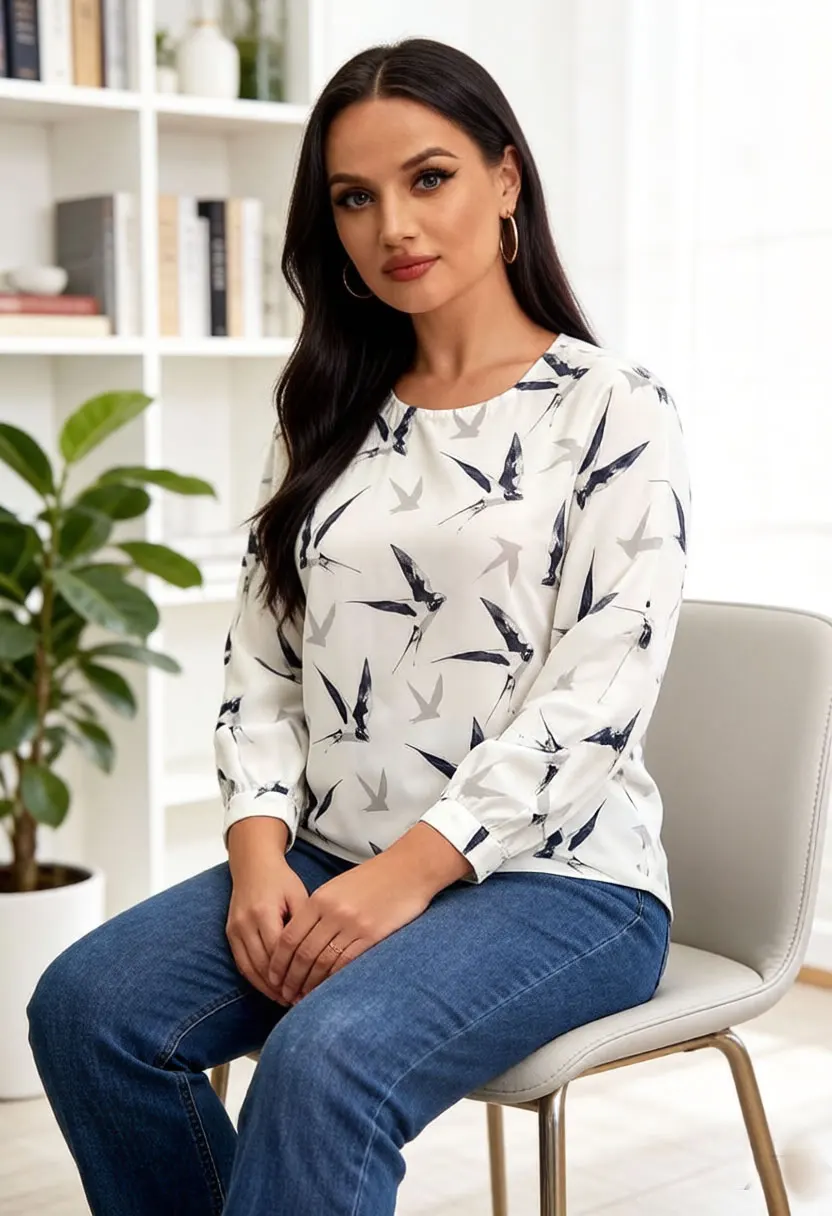 

Women Bird Print Blouse Chiffon Top 3/4 Sleeve Crew Neck Casual Loose Fit Summer Shirt