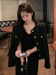 New Simple Solid England Tweed Jacket Women Elegant Buttons Long Sleeve Sweet Coat Casual O Neck Fashion Loose Fall Winter Top
