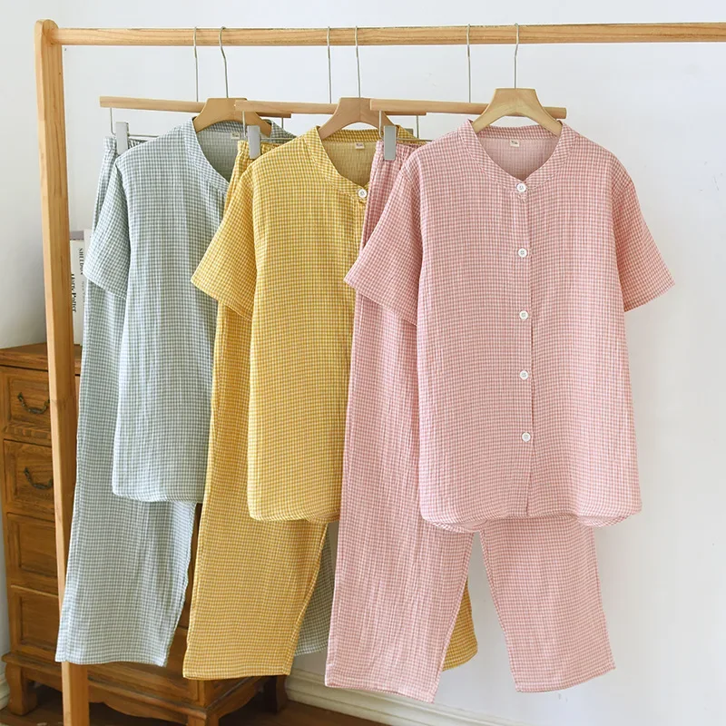 

Cotton Double-layer Color Woven Breathable Women's Round Neck Short Sleeved Long Pants Pajamas Set Casual Home Clothes