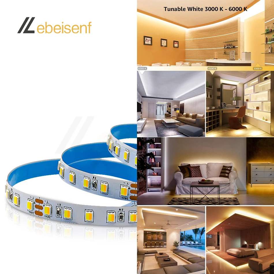 2 w 1 podwójny kolor 2835 SMD ct LED Strip 12V 24V 120LED/M niewodoodporny elastyczna lampa Bar 5m/roll 6000K 4000K 3000K ciepły biały