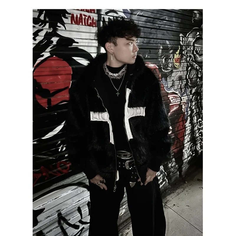 Autumn and winter street hairy hooded zipper double-sided European and American y2k solid color retro cardigan sweatshirt black