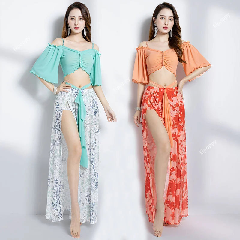 Belly Dance Costume 2 Piece  Dress Women Set French Sexy Elegant Ruffle Sleeve Top Sexy Side Split Skirt Long Cream New