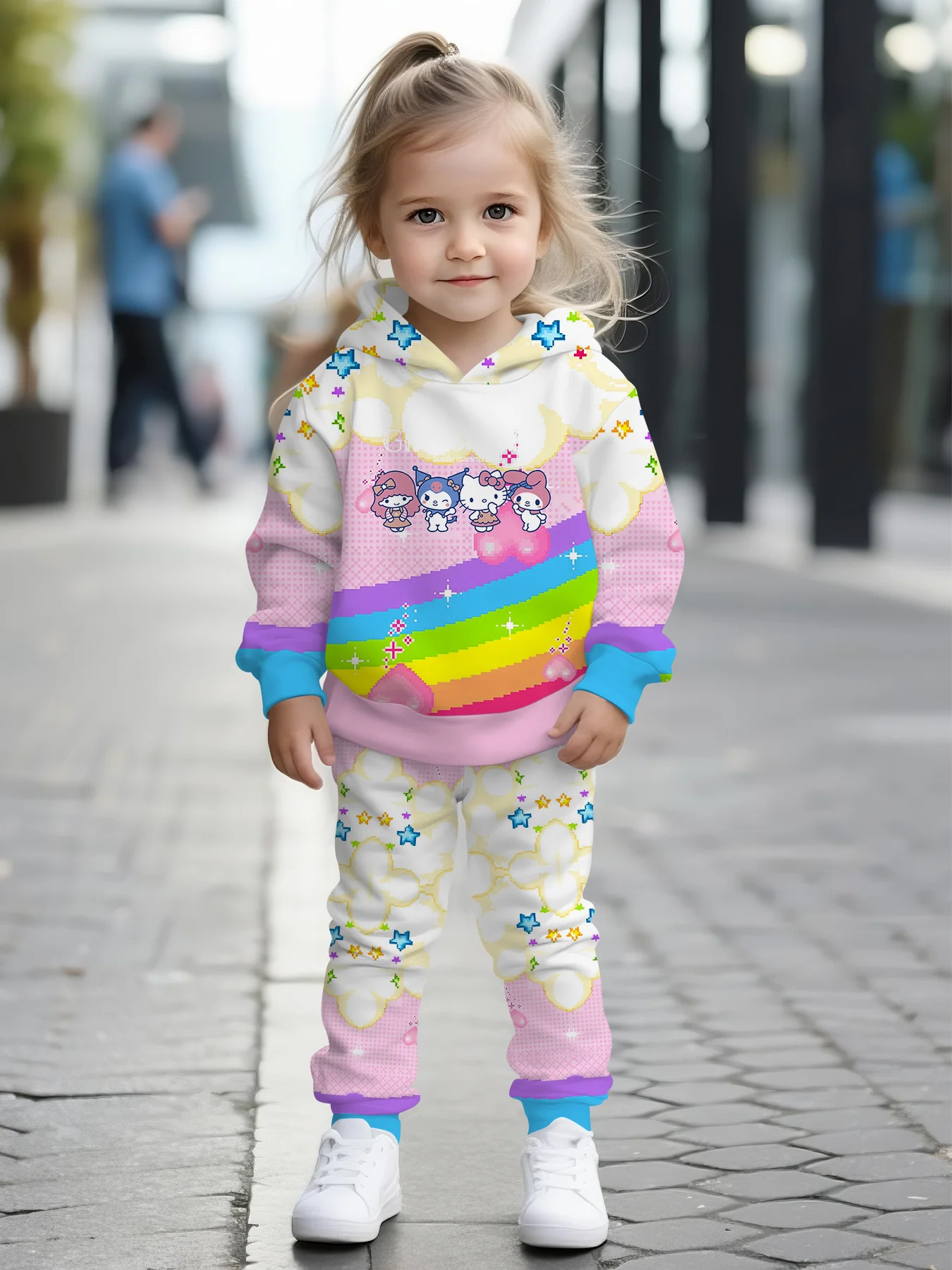 

Лицензированный комплект свитера и повседневных штанов Sanrio для девочек с радужным принтом Hello Kitty, удобный и мягкий детский комплект свитера