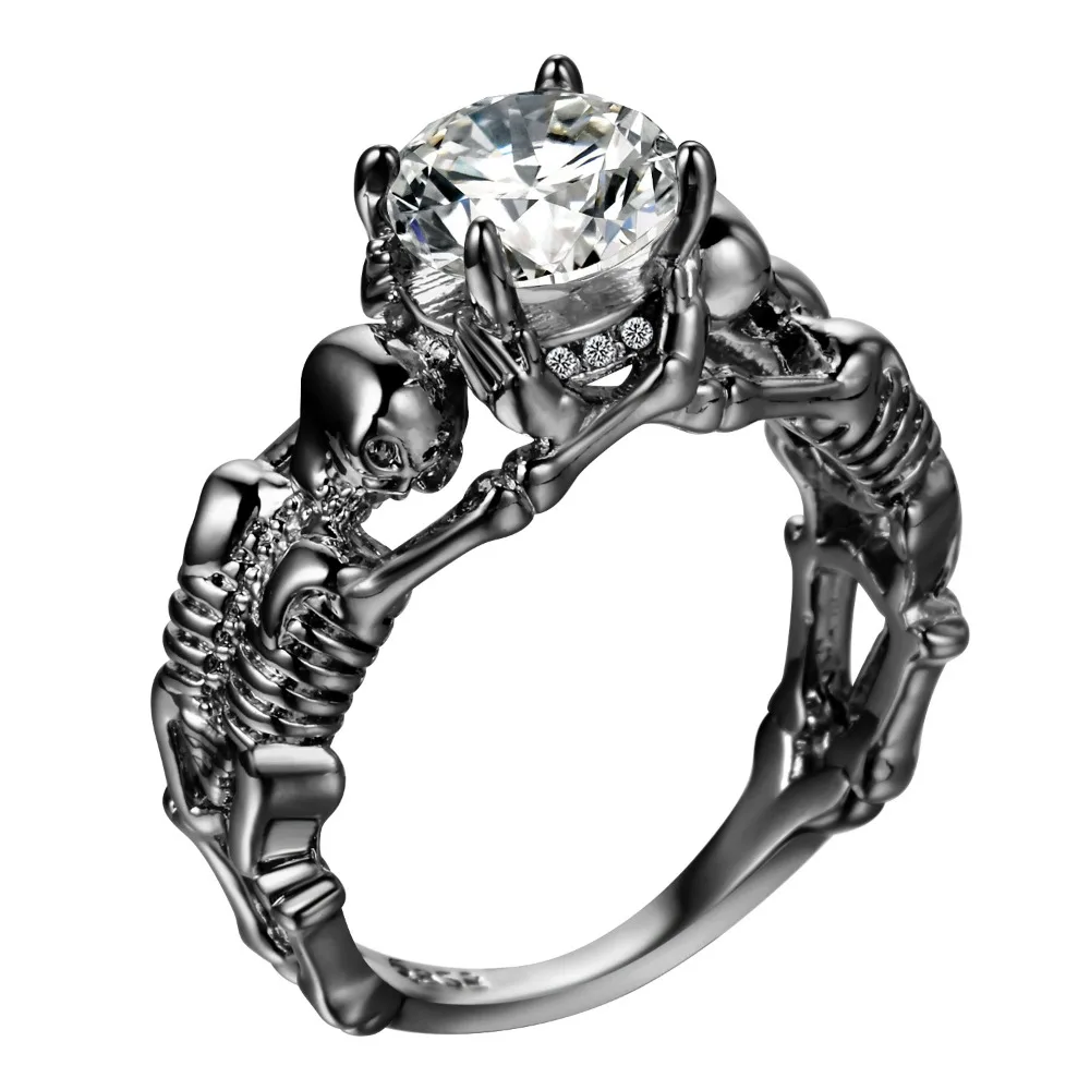 Gothic Style Promise Ring Inlaid Waterish Zirconia Horror Skeleton  Wedding Ring Suitable for Men and Women