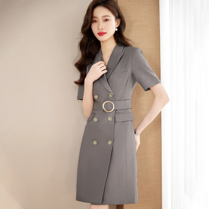 

Gray Suit Dress Women's Summer New Short Sleeve High Waist A-Line Skirt Commute Style Professional Workwear Elegant Goddess