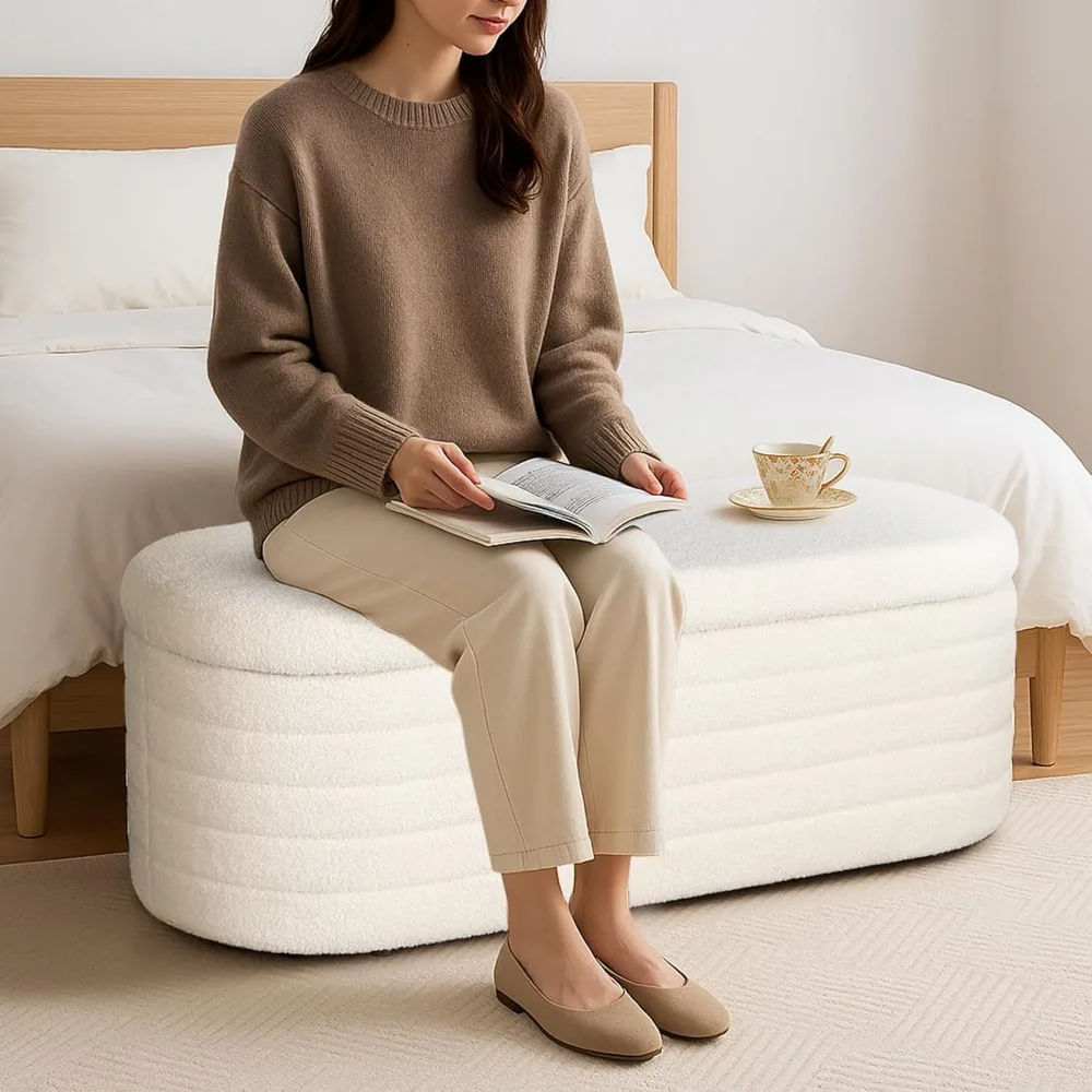 Modern Upholstered Storage Ottoman Bench, White Oval Window Seat with Safety Hinge Lid, Living Room Furniture